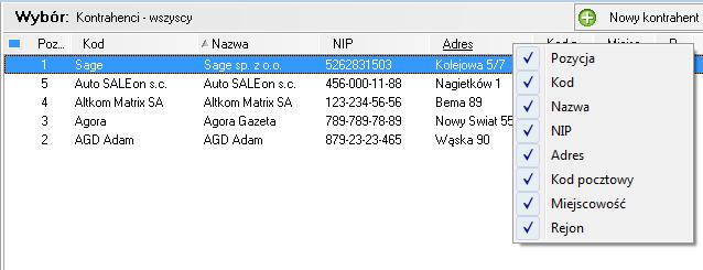 Rys. 6 Kartoteka Kontrahenci - wybór kolumn Zostanie otwarte menu kontekstowe, w którym należy wybrać z listy właściwe tytuły kolumn.