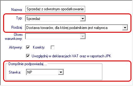 Domyślna stawka VAT: NP (nie podlega) Tak zdefiniowany rejestr należy użyć na dokumencie zdefiniowanym jak w rozdziale Definicja faktury sprzedaży.