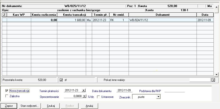 Rys. 279 Okno edycji rozrachunków z dokumentu Pod tabelką w polu Pozostała kwota program podaje informację o nierozdysponowanej kwocie dokumentu; pole jest uaktualniane w miarę wpisywania przez