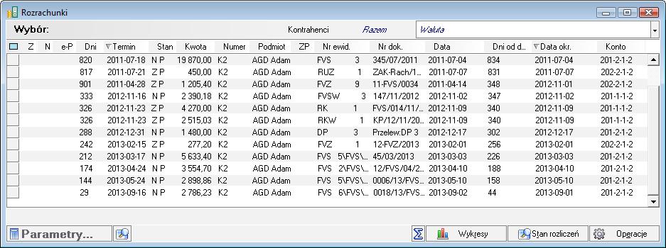 Rys. 285 Przykładowa lista transakcji (wybór jeden kontrahent) Nazwy kolumn w oknie Rozrachunki są jednocześnie przyciskami do sortowania. Rys.