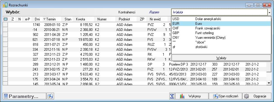 wybranej walucie, np. euro. Rys. 288 Wybór waluty na liście rozrachunków 2.