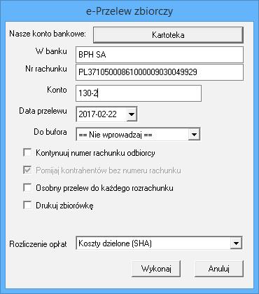 Rys. 324 e-przelew zbiorczy ustawienia pól Kolejne pola wyboru wskazują opcje wyboru numeru rachunku odbiorcy, sposób wyboru kontrahentów bez wprowadzonego numeru rachunku bankowego oraz rodzaj