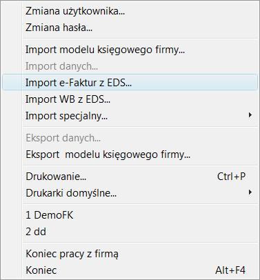 Rys. 348 Polecenie Import e-faktur z EDS w menu Firma W celu zaimportowania faktur elektronicznych do programu Finanse i Księgowość należy wybrać przycisk Użyj.