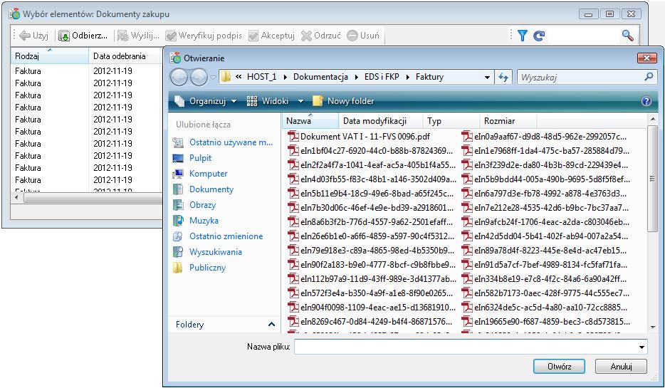 Rys. 352 Polecenie odbierania e-faktur z katalogu Użytkownika Wybrane e-faktury zostaną zaimportowane do programu EDS i pojawią się w oknie Wybór elementów, ze wskazaniem na rodzaj wybranych