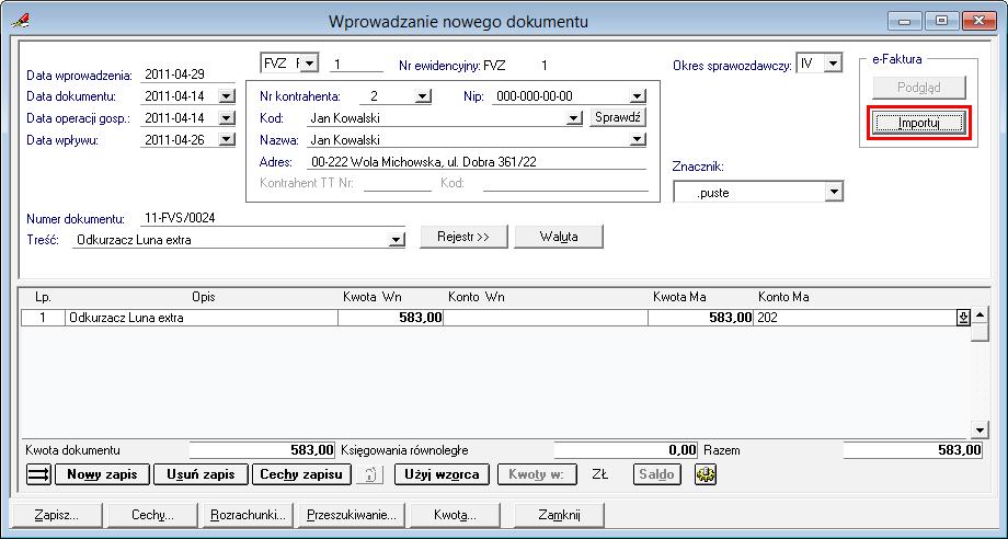 Rys. 354 Okno wprowadzania dokumentu dostępne w programie Finanse i Księgowość z widocznymi akcjami Podgląd i Importuj Po wybraniu e-faktury do zaimportowania, w oknie wprowadzania w programie