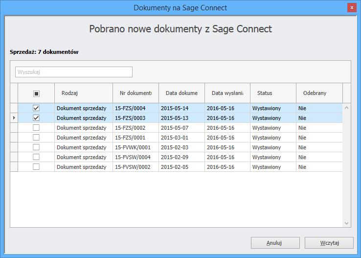 Rys. 357 Okno Dokumenty na Sage Connect. 3. Kliknij Wczytaj. Polecenie Import specjalny\ Podgląd plików Sage Connect z menu Firma otwiera okno podglądu wszystkich dokumentów na Sage Connect.