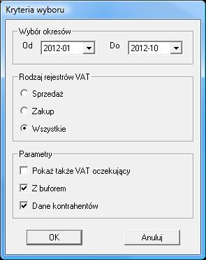 Z buforem - po wybraniu tej opcji uwzględnione będą również dokumenty w buforze. Dane kontrahentów - wybranie tej opcji spowoduje umieszczenie na wydruku pełnej informacji o kontrahentach. Rys.