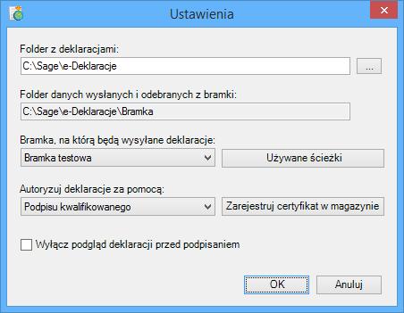 Rys. 445 Ustawienie katalogu zapisu e-deklaracji. Aby przejść do ustawień programu Sage Symfonia 2.0 e-deklaracje kliknij przycisk Informacje > Ustawienia modułu e-deklaracje.