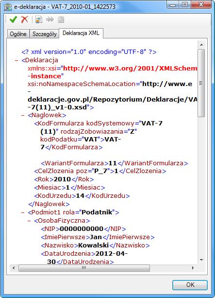 Rys. 456 Okno informacji o e-deklaracji panel Deklaracja XML W panelu Deklaracja XML można przejrzeć zawartość pliku XML deklaracji.