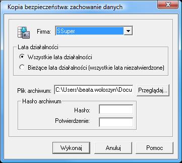 Rys. 32 Dialog Kopia bezpieczeństwa: zachowanie danych Dialog ten otwiera się również po potwierdzeniu chęci wykonania archiwizacji podczas kończenia pracy z firmą.