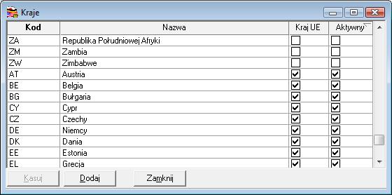 Rys. 40 Uaktywnianie kraju w kartotece Kraje Aby uaktywnić Kraj w kartotece, należy odznaczyć z kolumną Aktywny. pole na przecięciu wiersza danego państwa 5.1.