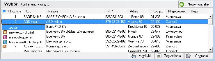 kontrahencie), można skorzystać jeszcze z innej, prostej metody, a mianowicie: bezpośrednio na liście kartotekowej kliknąć lewym przyciskiem myszy na skrzyżowaniu wiersza wskazanej pozycji z pierwszą