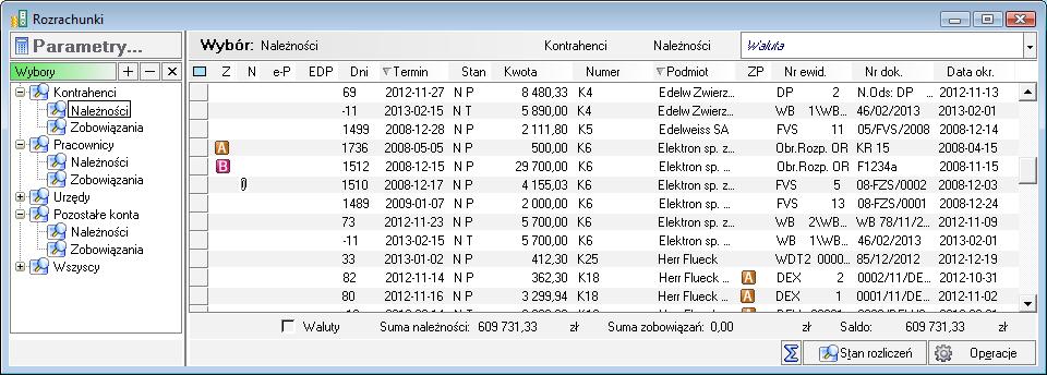 Rys. 60 Lista rozrachunków, wyświetlana z okna kartoteki (kontrahentów) 5.1.7.