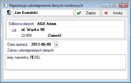 powiednie pole: Zgoda na udostępnienie danych - w przypadku, gdy kontrahent-osoba fizyczna wyraził zgodę na udostępnienie swoich danych osobowych, Zgodna na udostępnienie danych w celach