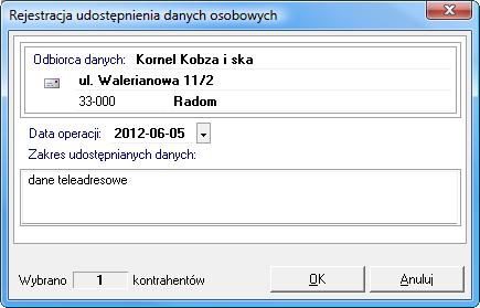 Innym sposobem rejestracji udostępnienia danych osobowych jest wywołanie okna bezpośrednio z poziomu kartoteki kontrahentów - po wybraniu: kontrahenta, przycisku Operacje, polecenia Udostępnienie