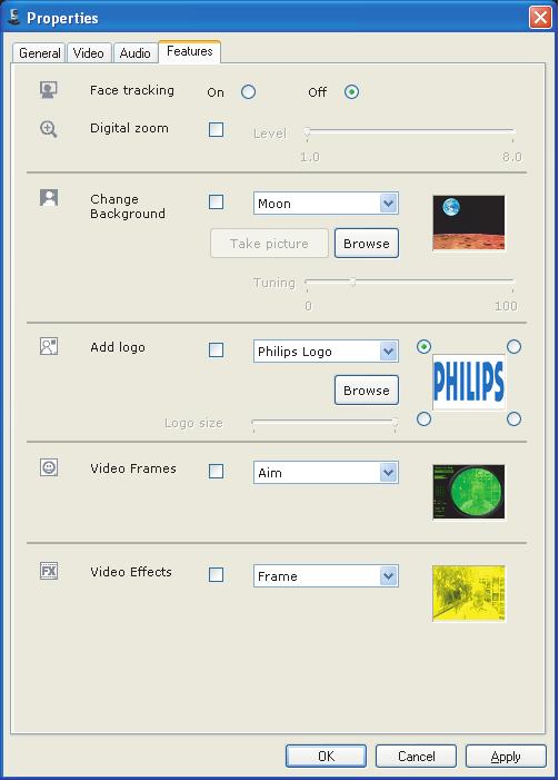 6.5.4 Ustawienia funkcji Kliknij kartę Features (Funkcje). Zostanie wyświetlony ekran Features settings (Ustawienia funkcji). 4 5 6 7 Video Frames (Ramki wideo) Patrz rozdział 6.