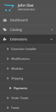 3. Po zakończeniu kopiowania plików należy zalogować się do panelu administracyjnego OpenCart. Następnie należy przejść do Extensions-> Payments 4.