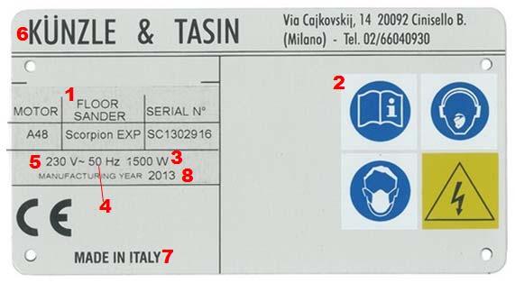 Wprowadzenie Tabliczka znamionowa Na tabliczce znamionowej umieszczone są następujące informacje: 1. Model maszyny 2. Symbole bezpieczeństwa 3. Moc silnika 4. Częstotliwość 5. Napięcie zasilające 6.
