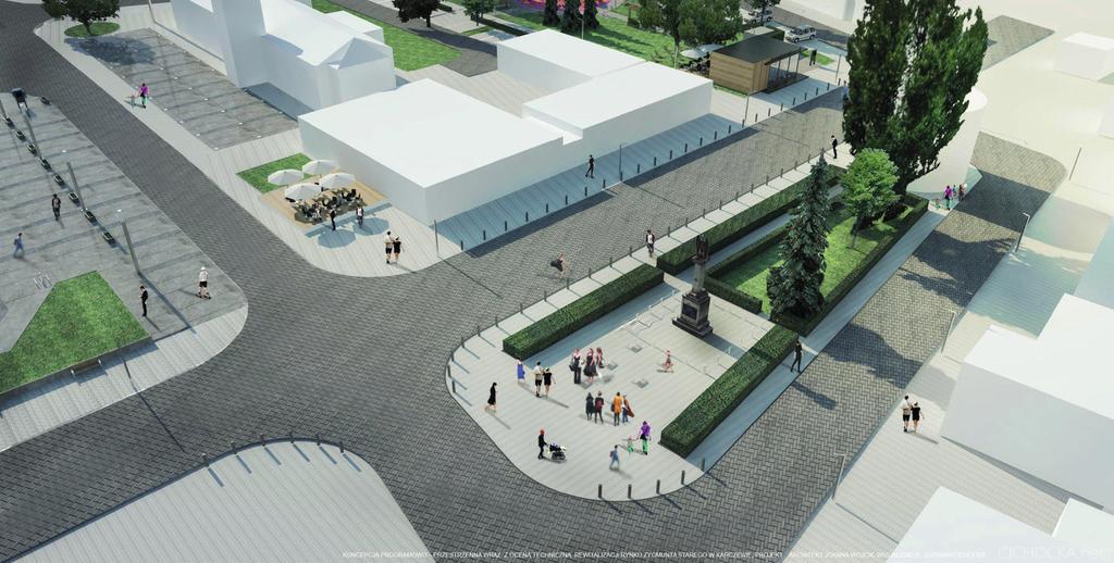 STREFA POMNIKA ORŁA BIAŁEGO W celu podkreślenia powagi pomnika i wpisanie go w nową kompozycję urbanistyczną, proponuje się pozostawienie Pomnika Orła Białego w obecnym miejscu i obrócenie go o 90