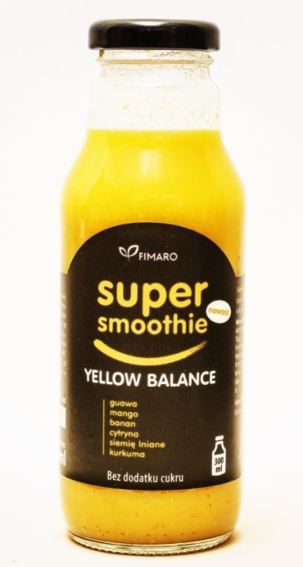 Super Smoothie Yellow Balance Guawa, Mango, Banan, Cytryna, Siemię Lniane & Kurkuma Napój owocowy ze zmiksowanych owoców oraz tłoczonych soków, z dodatkiem siemienia lnianego.