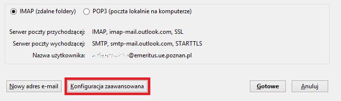 Pierwsze okno konfiguracyjne programu Mozilla Thunderbird W kolejnym kroku należy kliknąć przycisk, ponieważ domyślna konfiguracja nie pozwala na poprawne pobieranie wiadomości z konta w domenie