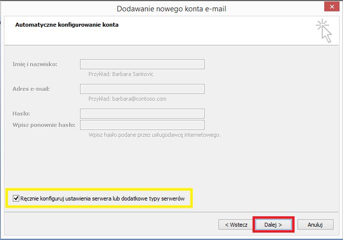 Pierwszy krok konfiguracji IMAP - Microsoft Outlook 2007 W kolejnym kroku należy zaznaczyć opcję Ręcznie konfiguruj ustawienia serwera lub dodatkowe typy serwerów.
