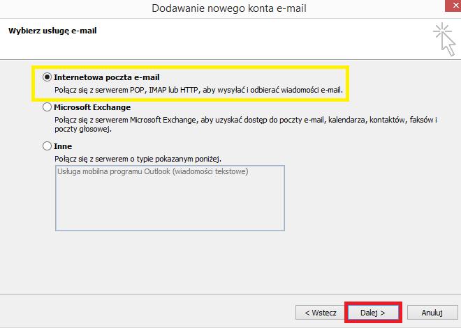 Rysunek 23. Okno wyboru rodzaju konfiguracji poczty e-mail Następnie należy uzupełnić wszystkie dane. Prawidłowe dane konfiguracyjne zostały przedstawione na rysunku poniżej.