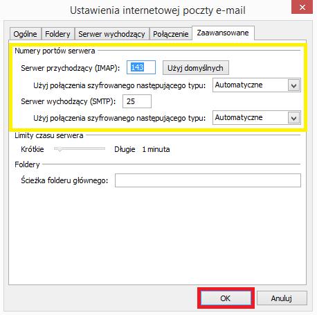 szyfrowania jako automatyczne. Wartości numerów portów powinny zostać domyślne. Po wybraniu odpowiednich ustawień (rysunek poniżej) należy kliknąć przycisk w celu potwierdzenia konfiguracji.