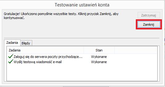 prawej: okno podsumowujące test ustawień konta Ostatnim oknem,