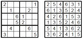 1. SUDOKU 6x6 W każde pole diagramu wpisz jedną z cyfr od 1 do 6 tak, by w każdym rzędzie, w każdej kolumnie i w każdym z obwiedzionych grubszą linią obszarów każda cyfra występowała dokładnie raz.
