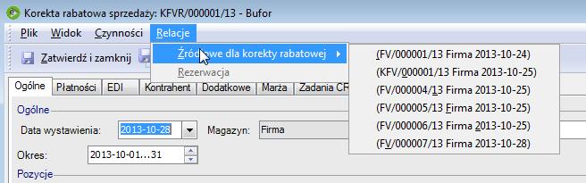 Wygenerowana korekta rabatowa jest związana relacjami z dokumentami sprzedaży, które zostały uwzględnione w wyliczeniu rabatu.