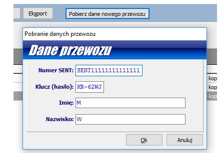 ODBIERAJĄCY: W przypadku, gdy chcecie Państwo zakończyć przewóz, który nie był rozpoczęty u nas w programie, to należy wybrać przycisk w głównym oknie "Pobierz dane nowego przewozu", wpisujemy tam