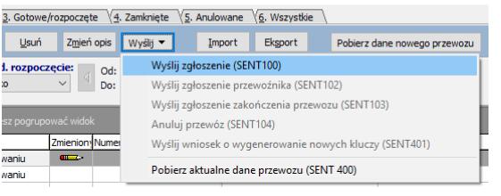 Następnie należy wysłać wszystkie dane przewozu (zakładka 1, 2 i 3 - miejsce załadunku, a dla przewozu przez Polskę od razu też 4) i wysyłać komunikat zgłoszenia przewozu SENT100/SENT200/SENT300. 3. W odpowiedzi otrzymujemy komunikat 110, który ZAWIERA NUMER SENT, KLUCZE NADAWCY, ODBIORCY I PRZEWOŹNIKA.