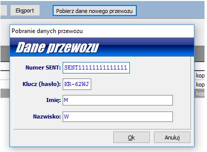 PRZEWOŹNIK W przypadku, gdy chcecie Państwo zakończyć przewóz, który nie był rozpoczęty u nas w programie, to należy wybrać przycisk w głównym oknie "Pobierz dane nowego przewozu", wpisujemy tam