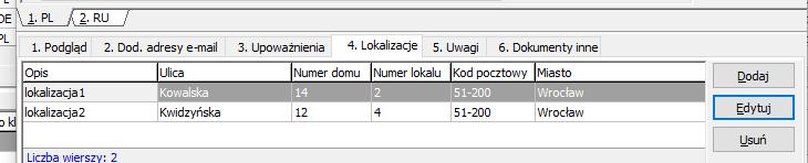 Wybierając Moduły Firmy, po ustawieniu się na odpowiednim kontrahencie z poziomu 4.-tej zakładki proszę wpisać wszystkie Lokalizacje.