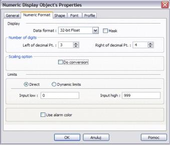 Rys. 21. Właściwości obiektu Numeric Display Po zatwierdzeniu ustawień możemy ulokować obiekt w dowolnym miejscu przestrzeni roboczej programu EasyBuilder.