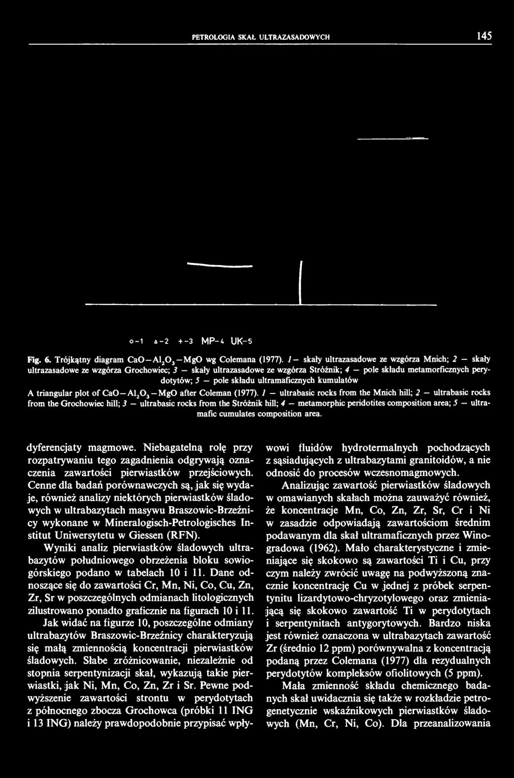 PETROLOGIA SKAŁ ULTRAZASADOWYCH 45 o- 4-2 +-3 MP-4 UK-S Fig. 6. Trójkątny diagram Ca0-Al a 0 3 -Mg0 wg Colemana (977).