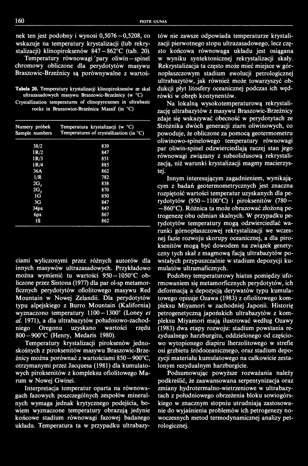 60 PIOTR GUNIA nek ten jest podobny i wynosi 0,5076 0,5208, co wskazuje na temperatury krystalizacji (lub rekrystalizacji) klinopiroksenów 847-862 C (tab. 20).