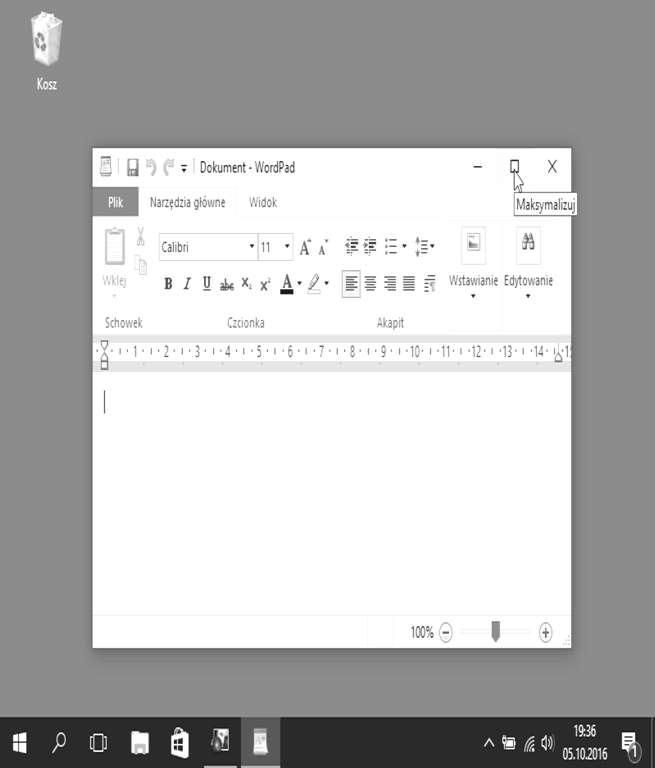 Przyciski sterujące okna: 3 Minimalizuj pasek tytułowy wstążka 1 Maksymalizuj 5 Zamknij To okno WordPada nie jest zmaksymalizowane 4 na pasku zadań, bezpośrednio na prawo od ikon paska szybkiego