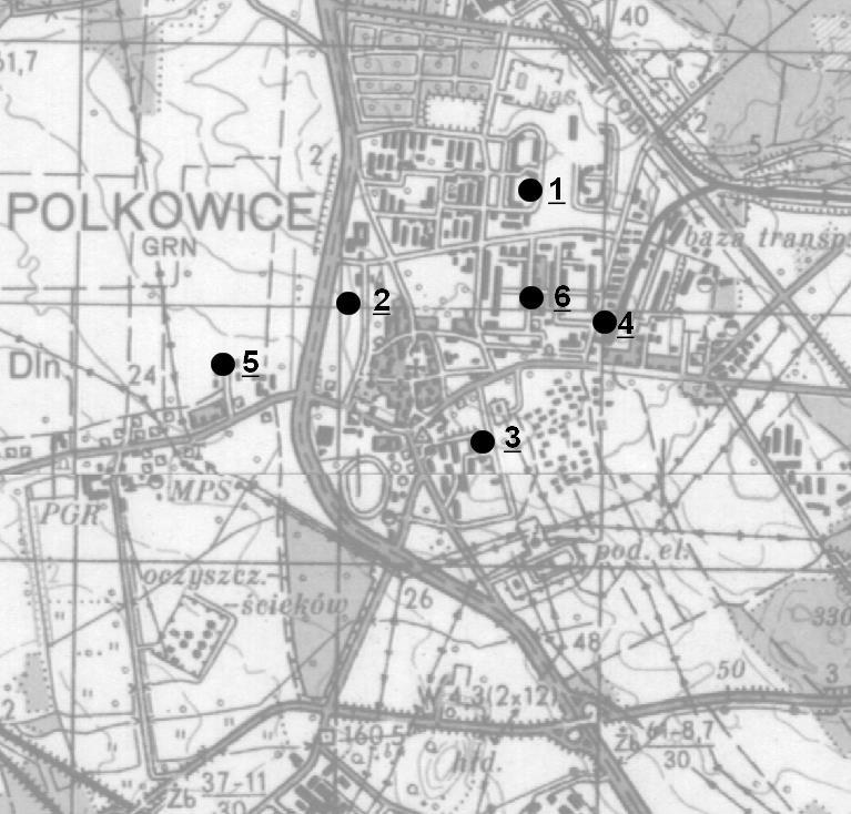 WARSZTATY 2006 z cyklu: Zagrożenia naturalne w górnictwie Rys. 3.2. Rozmieszczenie stanowisk pomiarowych na terenie Polkowic Fig. 3.2. Location of the network stations in the city W czasie, gdy instalowano system SEJS-NET, istniały już rejestratory AMAX-98 pracujące na terenie miasta.