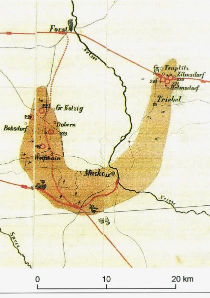 Rozdział 3 w formie równoległych, wąskopromiennych fałdów. Pierwsza mapa z zaznaczonymi złożami i kształtem Łuku Mużakowa znalazła się w opracowaniu Vollerta z 1889 r.