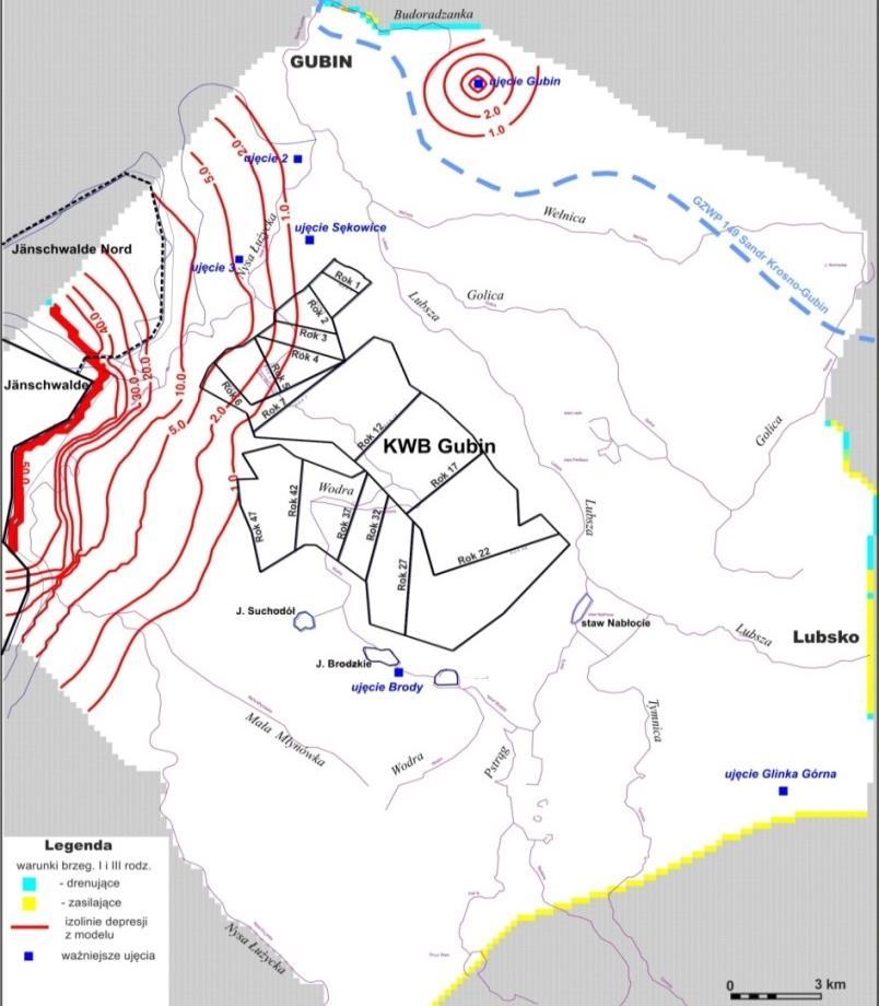 Rozdział 3 atacji i systemu odwodnienia kopalni Gubin, leje depresji obydwu kopalni wejdą w interferencję. Dolina Nysy Łużyckiej stanowić będzie linię rozdziału pomiędzy tymi lejami.