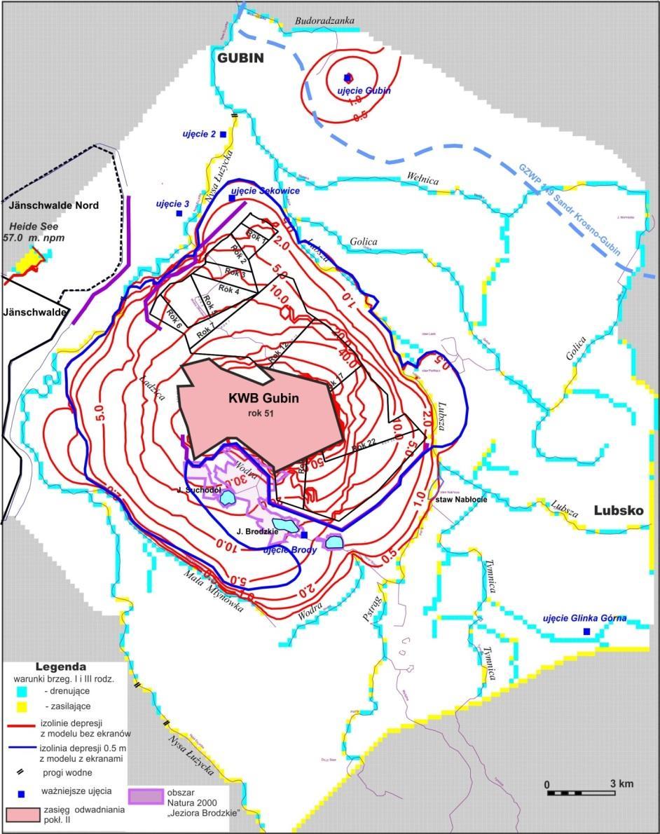 Węgiel brunatny w regionie lubuskim 10 do 30 m. Natomiast w przypadku zastosowania systemu ochronnego, jeziora te znajdą się poza zasięgiem leja depresji (Fiszer 2014). Rys. 3.56.