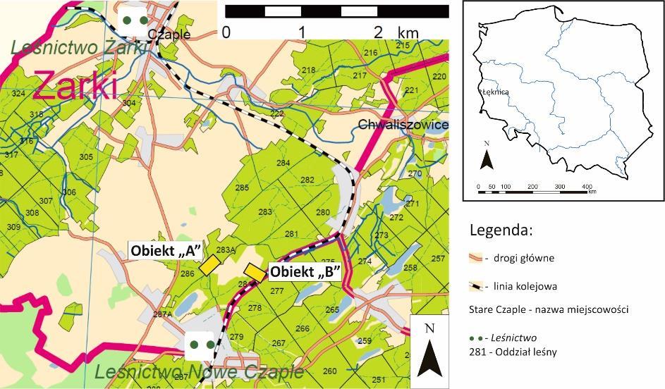 Rekultywacja terenów pokopalnianych w regionie lubuskim Rys. 4.5. Lokalizacja obiektów doświadczalnych (z lewej na tle fragm.