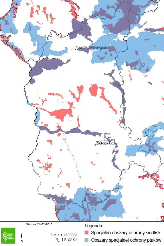 Podstawowe informacje o regionie Rys. 2.27. Obszary Natura 2000 w granicach województwa lubuskiego; ciemniejsze pola wskazują na nałożenie się obszarów OSO i SOO (GDOŚ, Geoserwis.