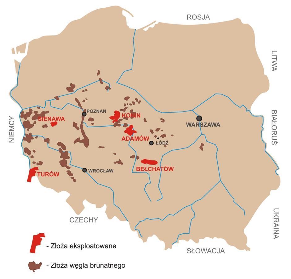 Rozdział 3 Rys. 3.2. Mapa występowania złóż węgla brunatnego w Polsce (oprac. aut.) Z pokładów znajdujących się w osadach paleogenu największe znaczenie ma V czempińska grupa pokładów (rys. 3.4), osiągająca miąższość 45 m w kilku (nieeksploatowanych) złożach (Rogóźno, Łąnięta, Bąkowo).