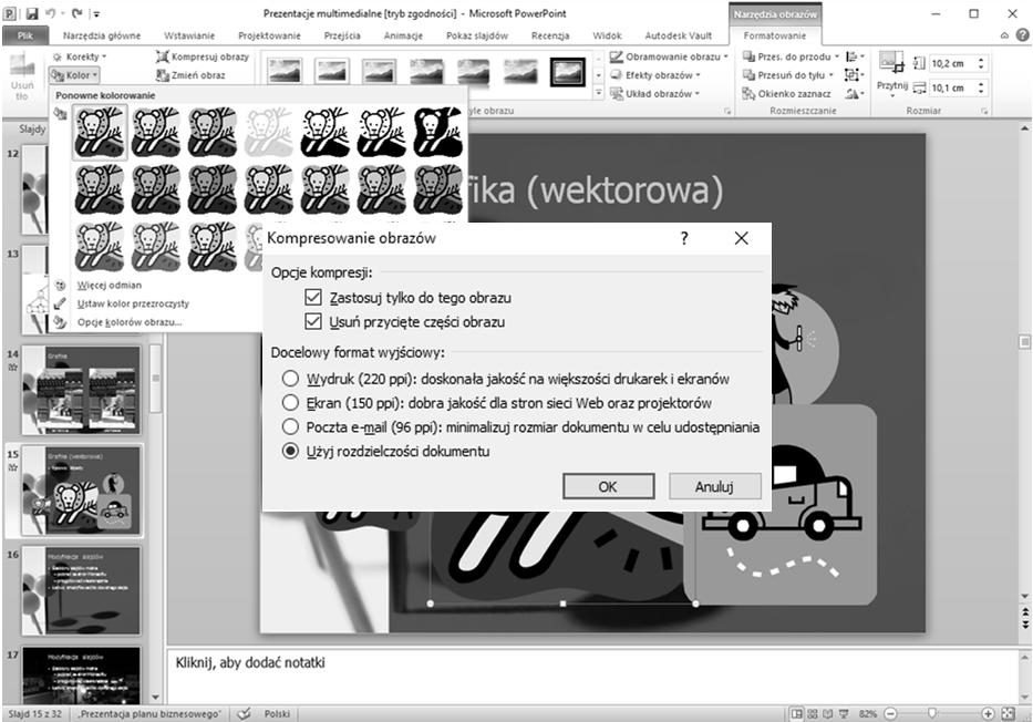 Grafika (rastrowa) Nie używać obrazka o zbyt małej rozdzielczości, bo na dużym ekranie będzie widać jego wszystkie wady; Skany i zdjęcia w wysokiej rozdzielczości mogą niepotrzebnie zwiększać wagę