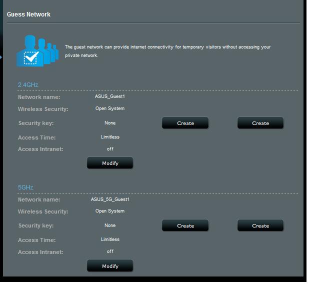 4. W celu skonfigurowania dodatkowych opcji kliknij przycisk Modify (Modyfikuj). 5. Kliknij przycisk Yes (Tak) na ekranie Enable Guest Network? (Włączyć sieć gościnną?). 6.