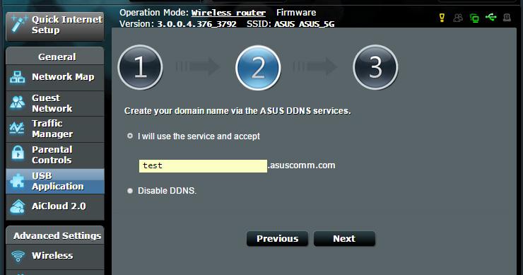 Utwórz nazwę domeny przez usługi DDNS ASUS, wybierz I will use the service and accept