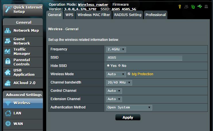 4 Konfiguracja ustawień zaawansowanych 4.1 Wireless (Sieć bezprzewodowa) 4.1.1 General (Ogólne) Zakładka General (Ogólne) umożliwia konfigurację podstawowych ustawień sieci bezprzewodowej.